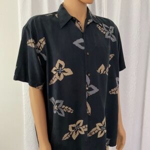 Firethorn men Summer Shirt 100% Silk Size L Black Floral Pattern Relax